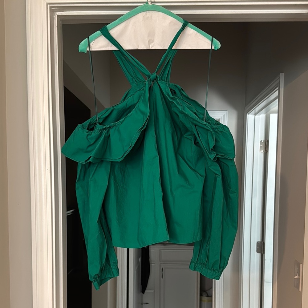 J. Crew Green Flutter Sleeve Ruffled Blouse